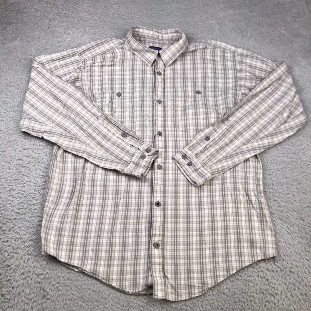Patagonia Flannel Shirt Mens L Gray Plaid Lightweight Organic Cotton LS